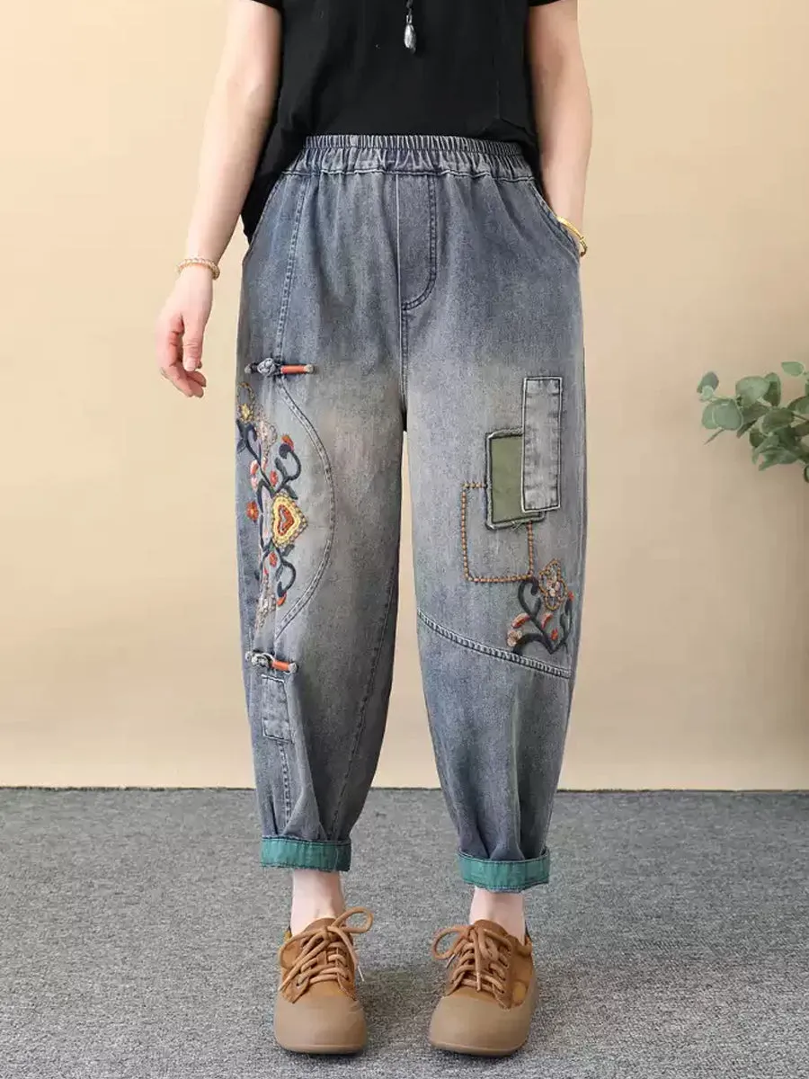 Women Ethnic Flower Embroidery Denim Harem Pants