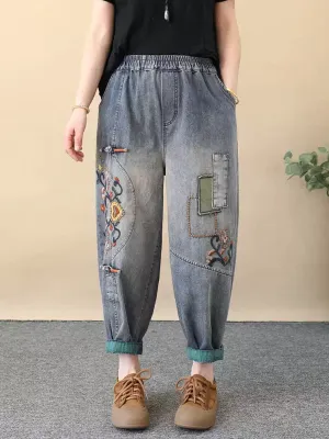 Women Ethnic Flower Embroidery Denim Harem Pants