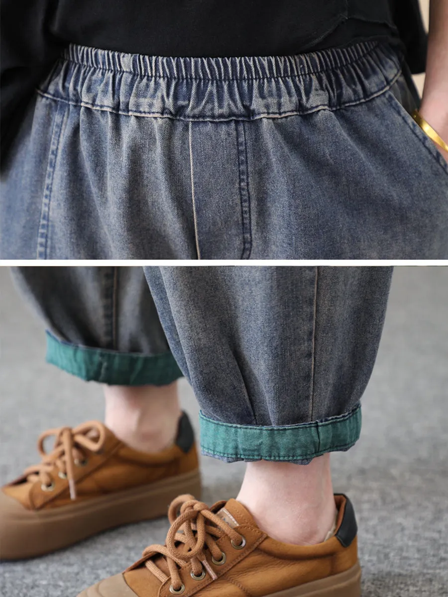 Women Ethnic Flower Embroidery Denim Harem Pants