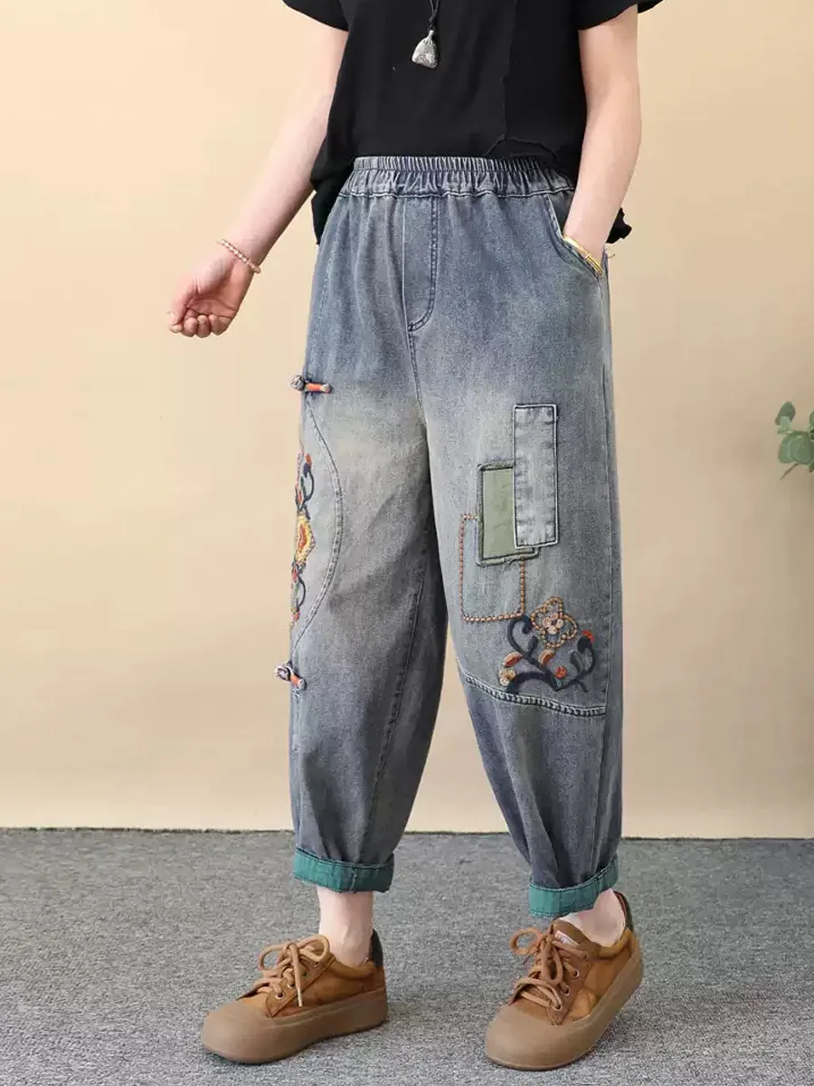 Women Ethnic Flower Embroidery Denim Harem Pants