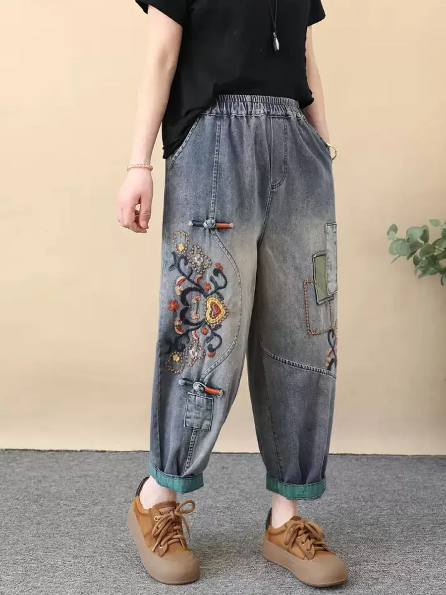 Women Ethnic Flower Embroidery Denim Harem Pants