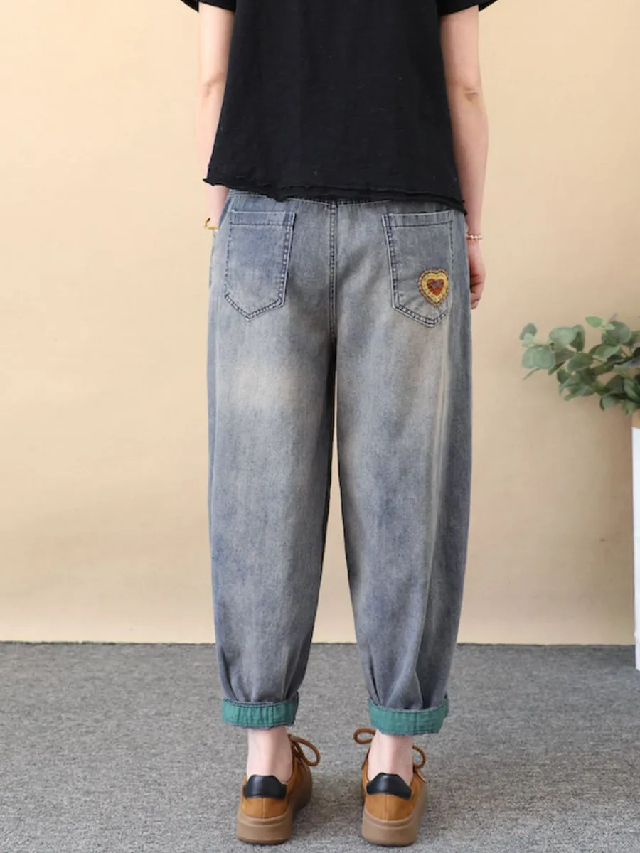 Women Ethnic Flower Embroidery Denim Harem Pants