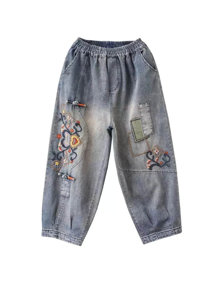 Women Ethnic Flower Embroidery Denim Harem Pants