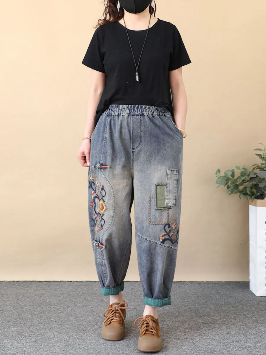 Women Ethnic Flower Embroidery Denim Harem Pants