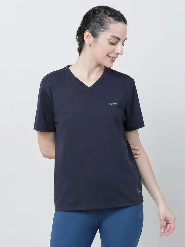 Women Navy Blue Solid Tops & T-shirts- RUSH TEE-V_NB