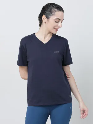 Women Navy Blue Solid Tops & T-shirts- RUSH TEE-V_NB