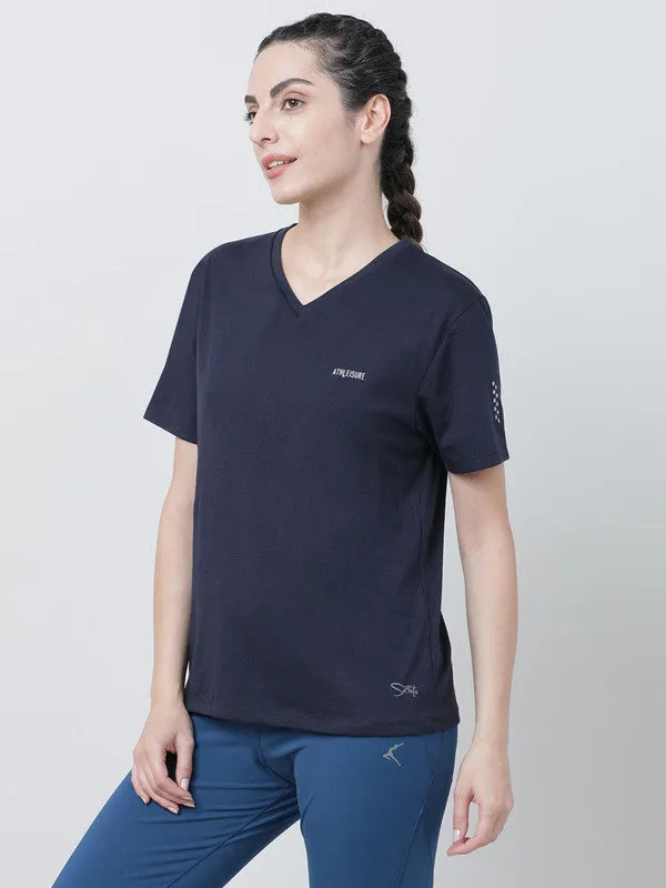Women Navy Blue Solid Tops & T-shirts- RUSH TEE-V_NB