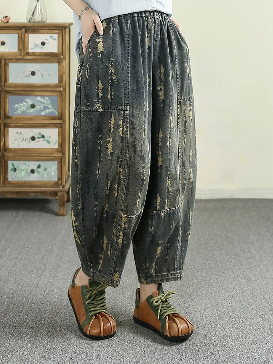 Women Retro Spring Print Denim Harem Pants
