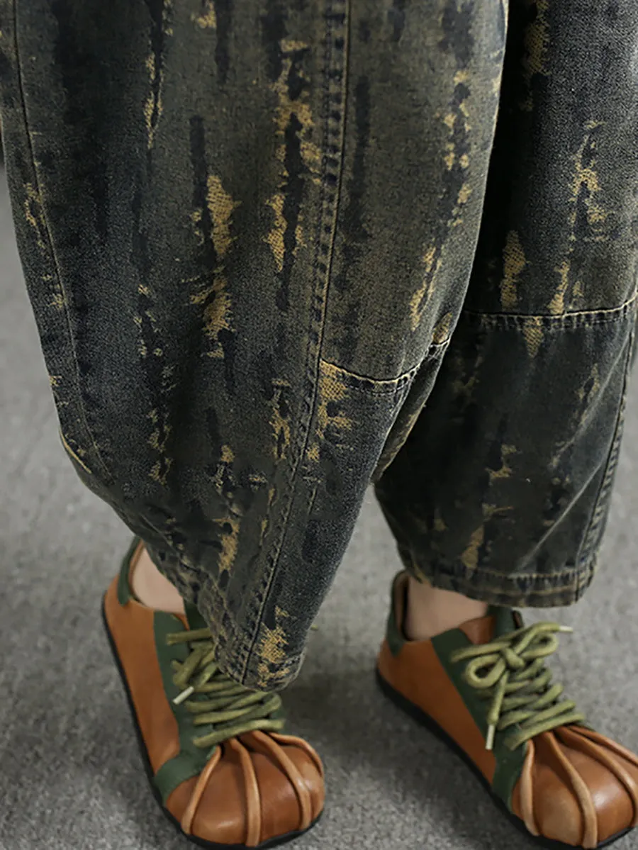 Women Retro Spring Print Denim Harem Pants