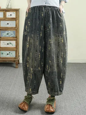 Women Retro Spring Print Denim Harem Pants
