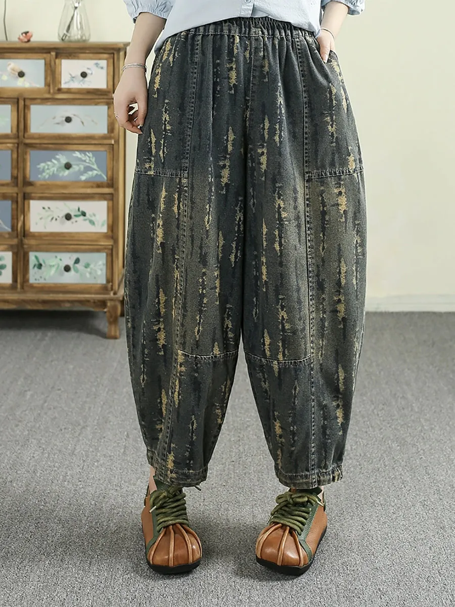Women Retro Spring Print Denim Harem Pants