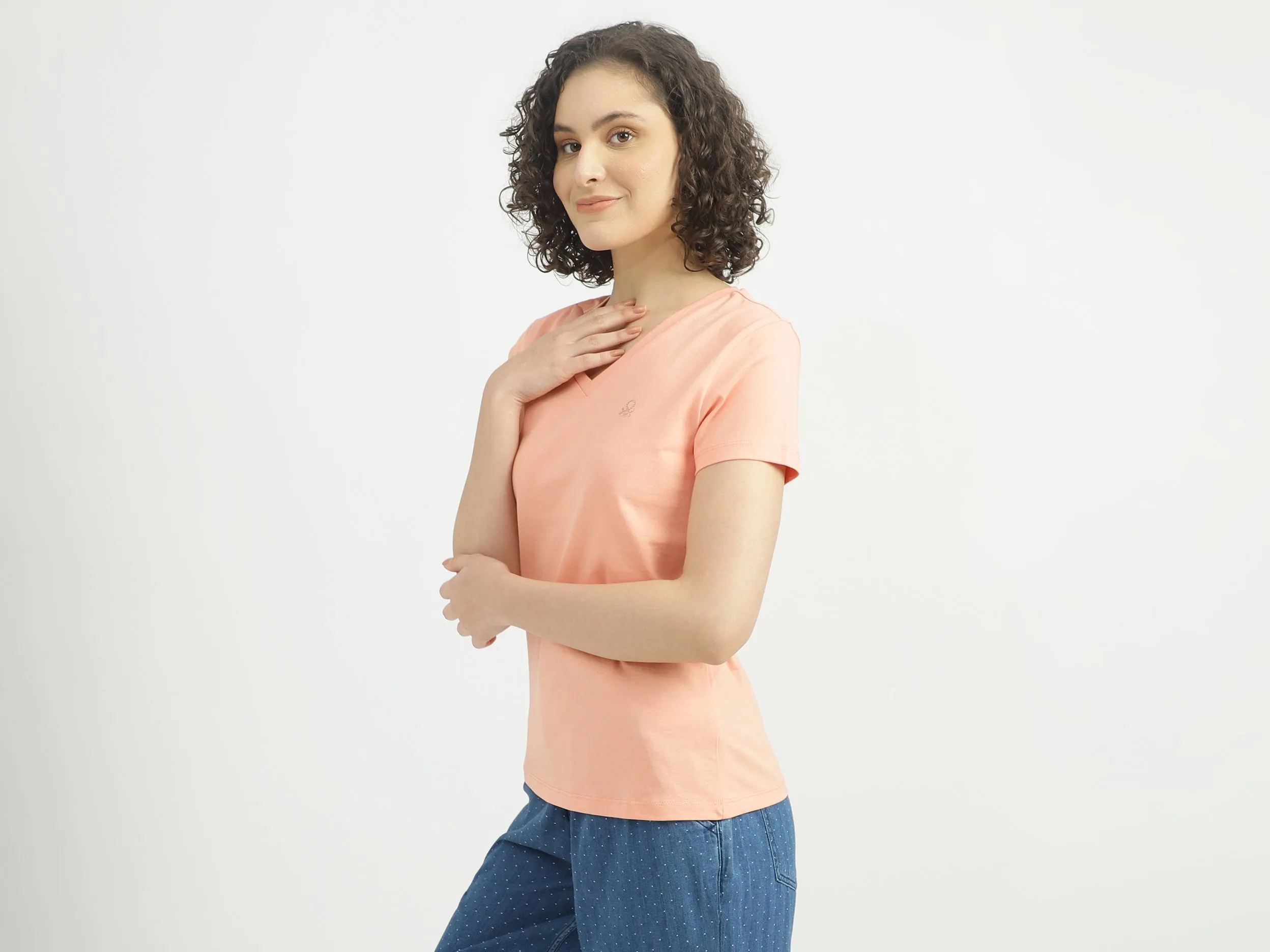 Women Solid V-Neck T-shirt