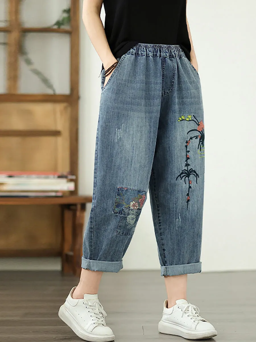 Women Spring Flower Embroidery Denim Harem Pants