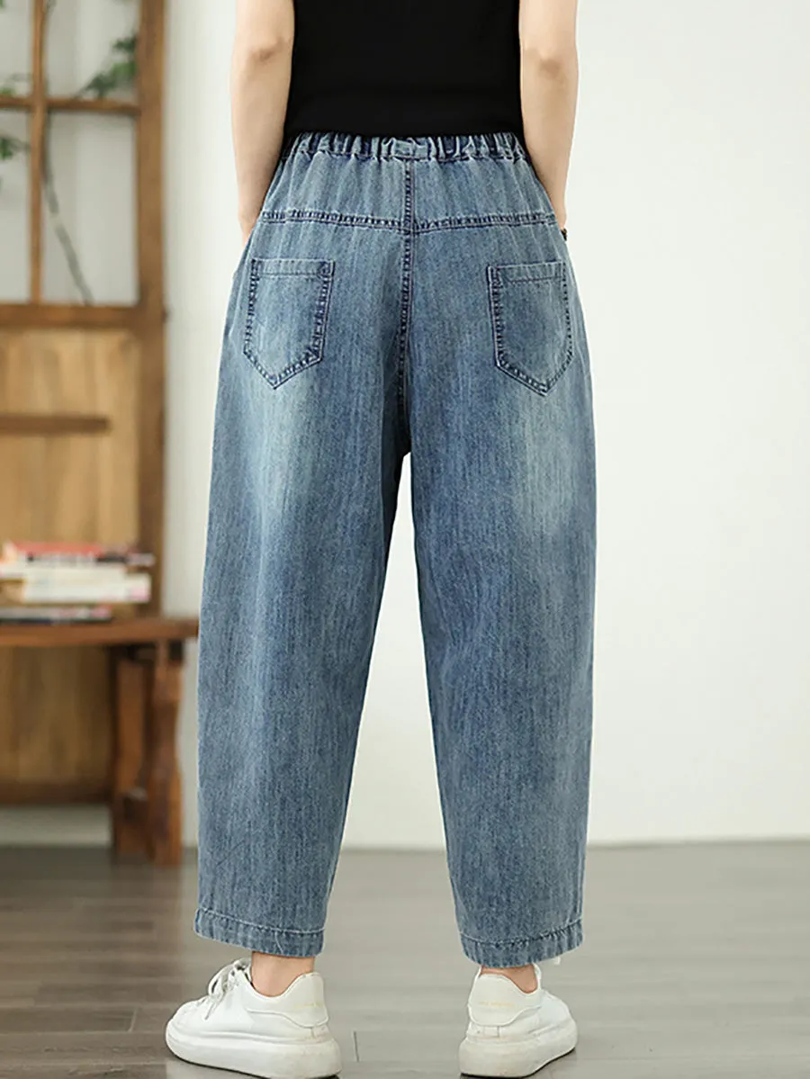 Women Spring Flower Embroidery Denim Harem Pants