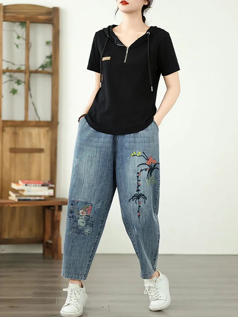 Women Spring Flower Embroidery Denim Harem Pants