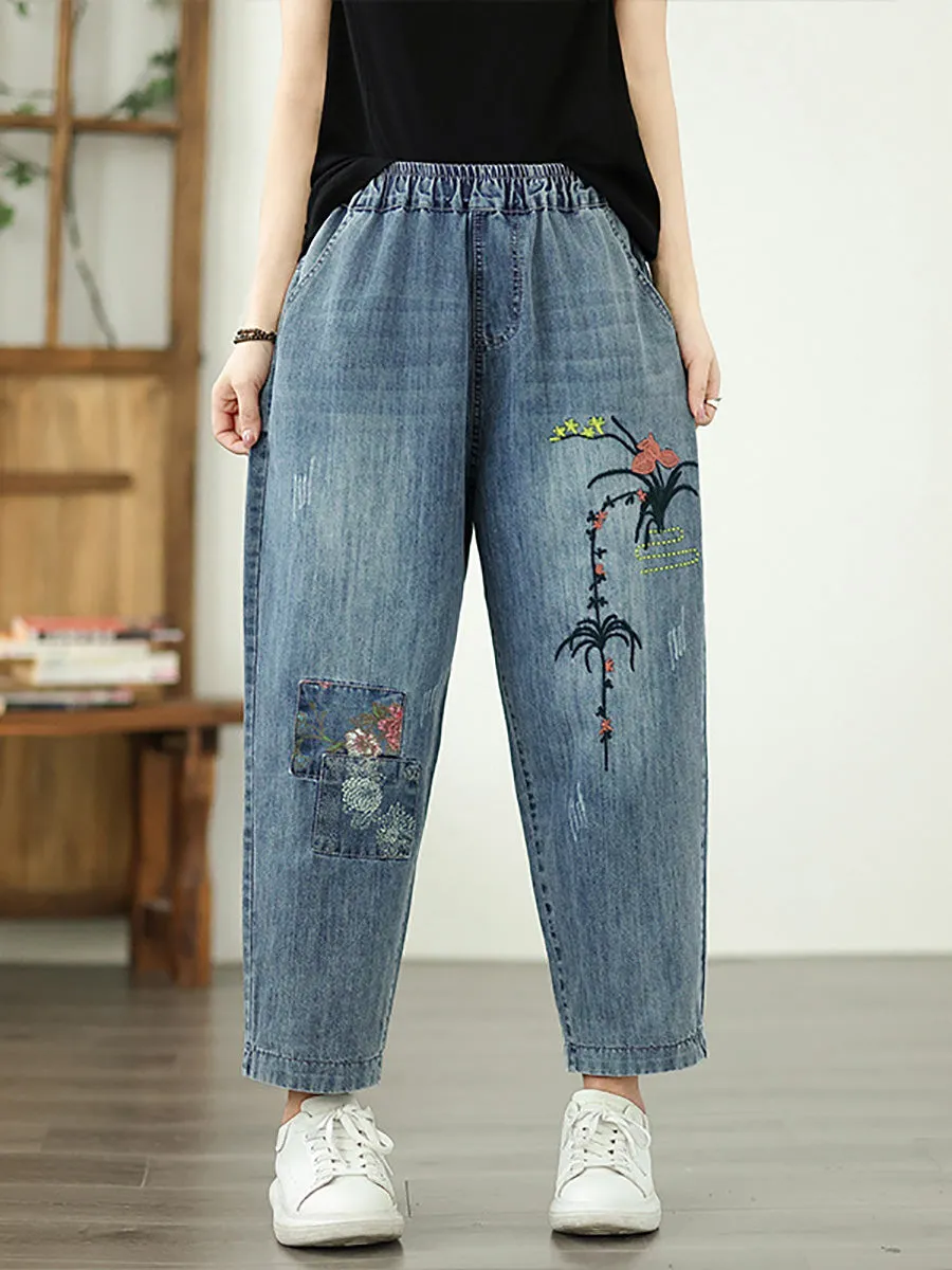 Women Spring Flower Embroidery Denim Harem Pants