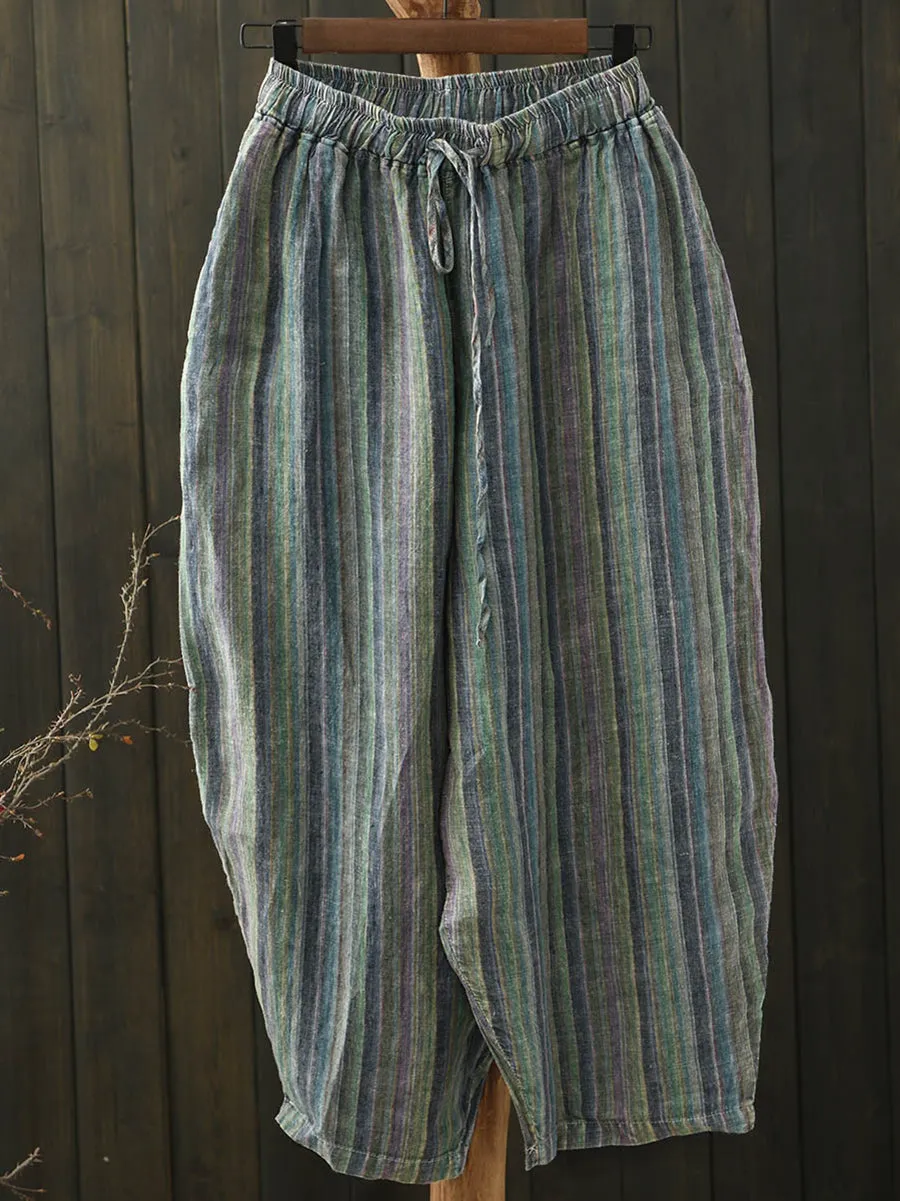 Women Summer Artsy Colorful Stripe Linen Harem Pants