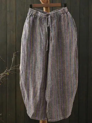 Women Summer Artsy Colorful Stripe Linen Harem Pants