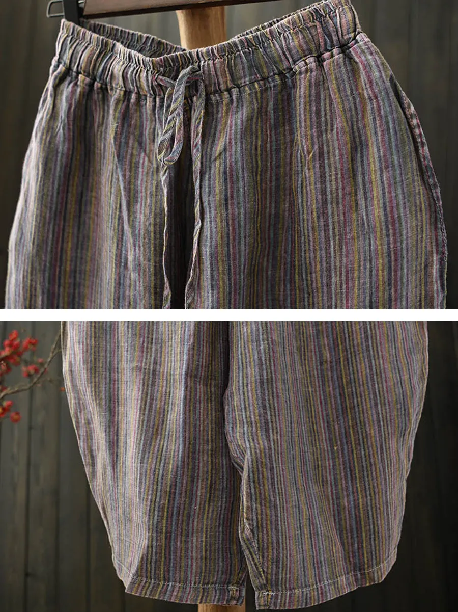 Women Summer Artsy Colorful Stripe Linen Harem Pants