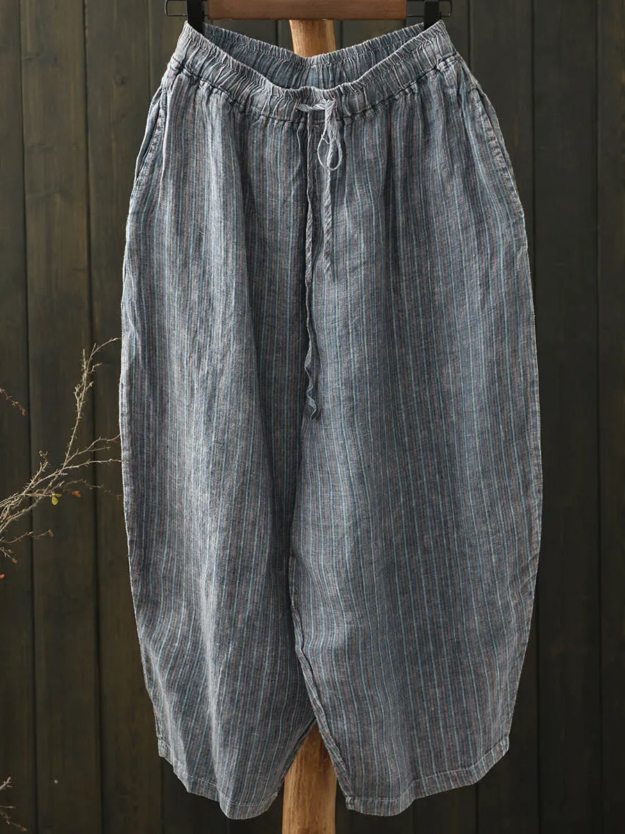 Women Summer Artsy Colorful Stripe Linen Harem Pants