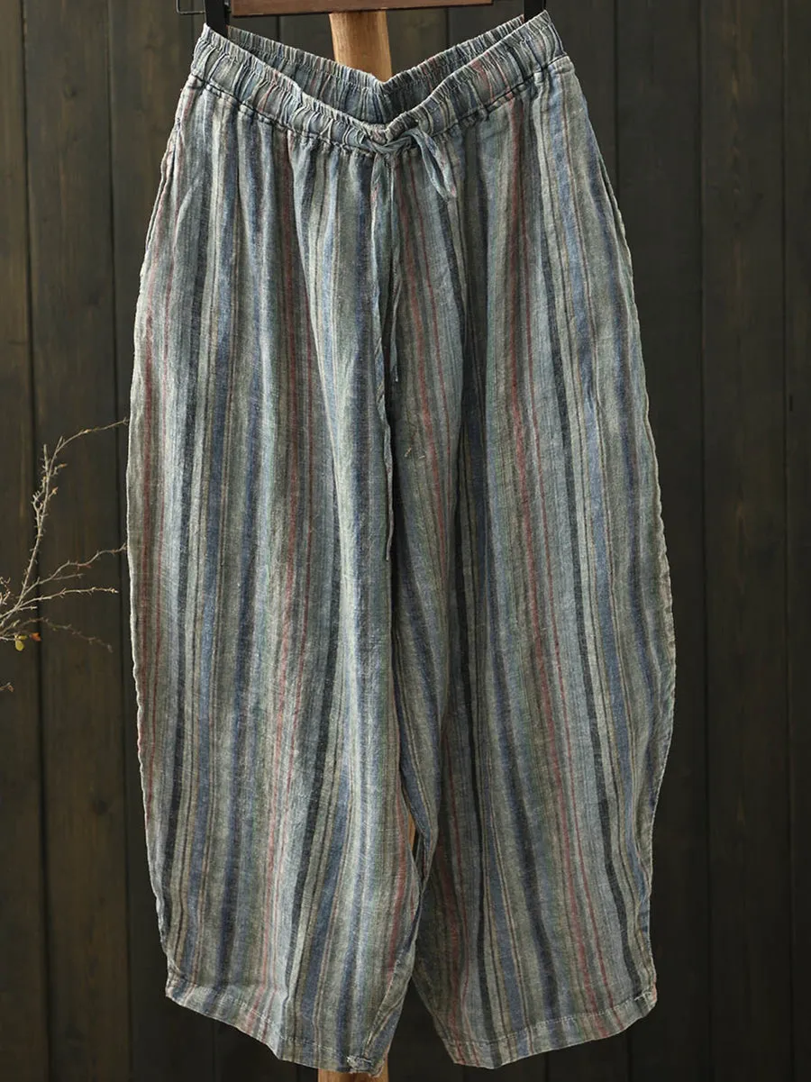 Women Summer Artsy Colorful Stripe Linen Harem Pants