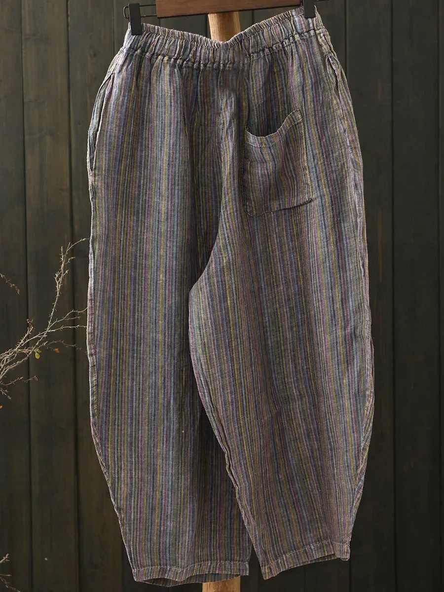 Women Summer Artsy Colorful Stripe Linen Harem Pants