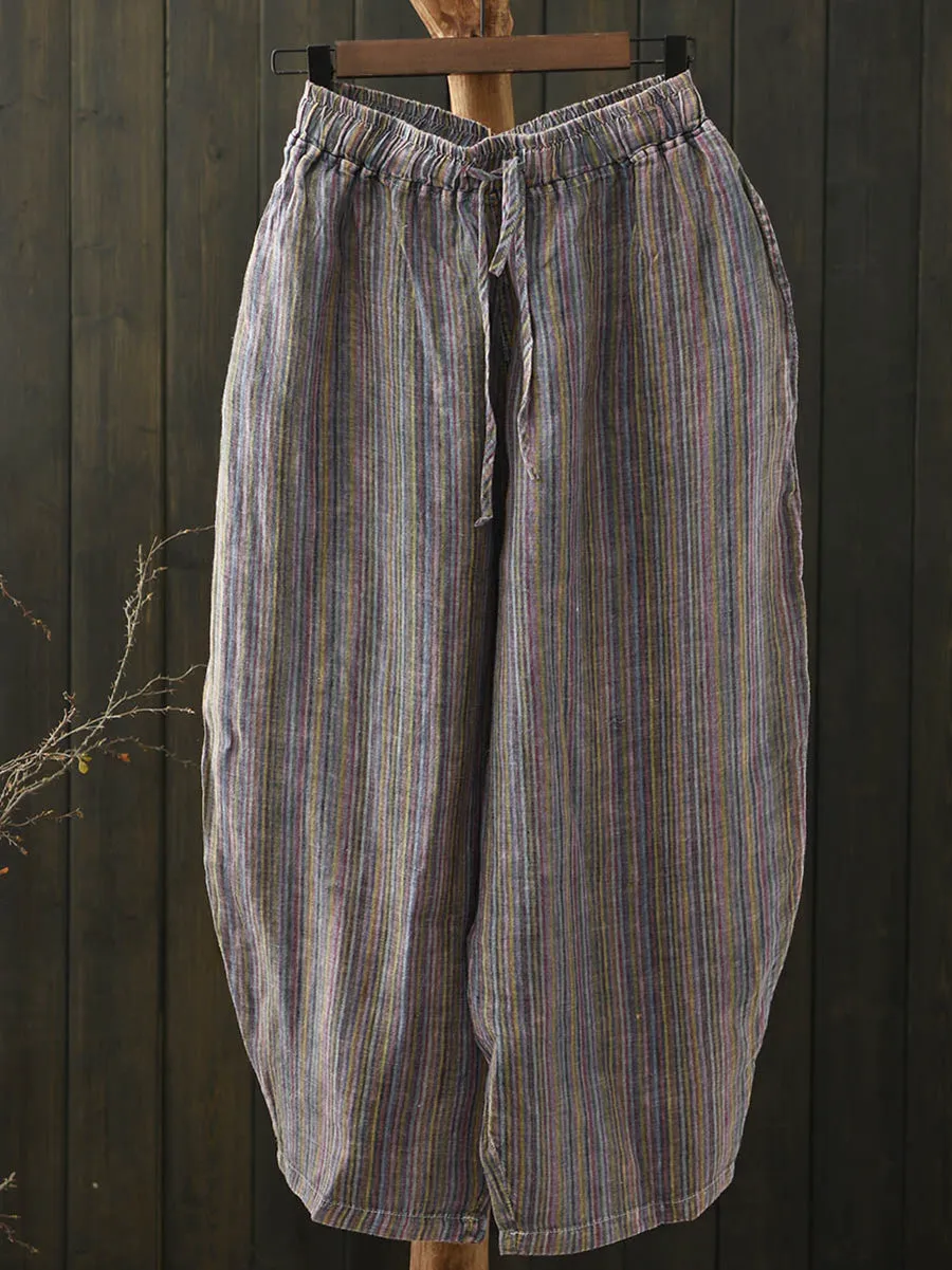 Women Summer Artsy Colorful Stripe Linen Harem Pants