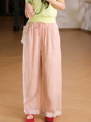 Women Summer Artsy Pure Color 100%Ramie Wide-leg Pants