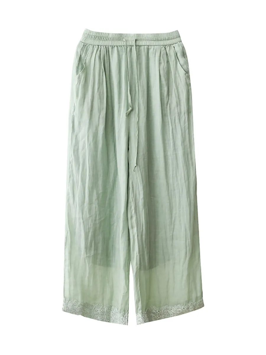 Women Summer Artsy Pure Color 100%Ramie Wide-leg Pants