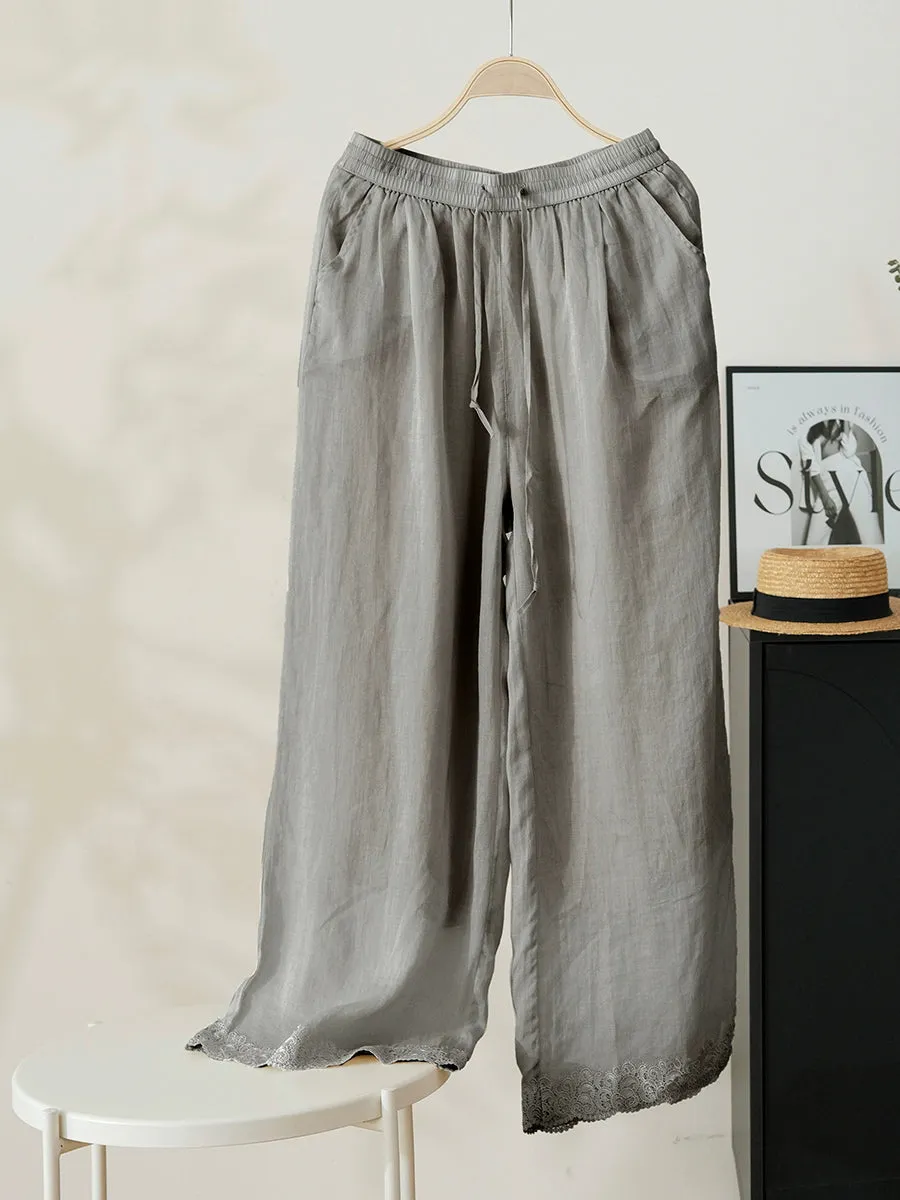 Women Summer Artsy Pure Color 100%Ramie Wide-leg Pants