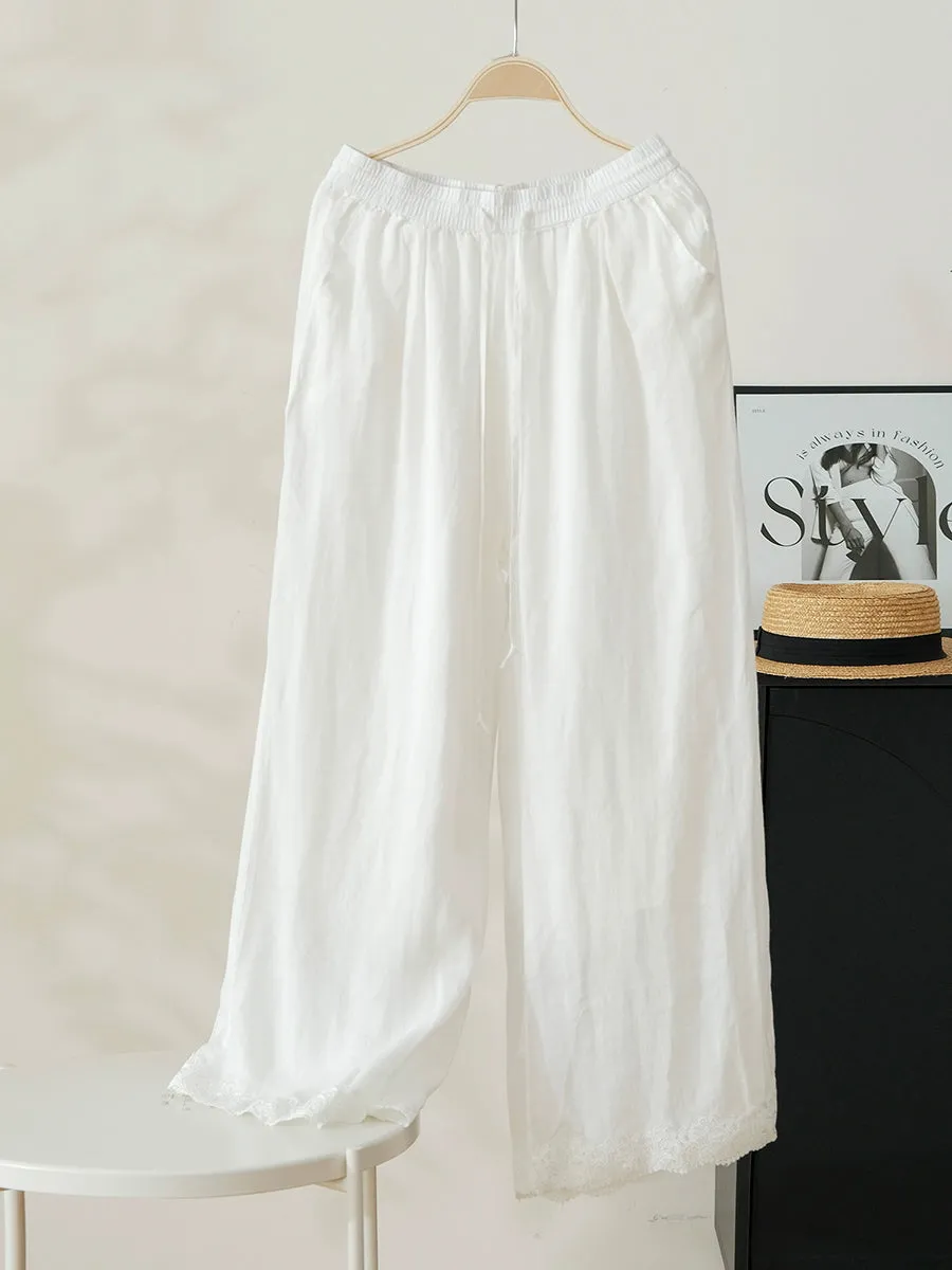 Women Summer Artsy Pure Color 100%Ramie Wide-leg Pants