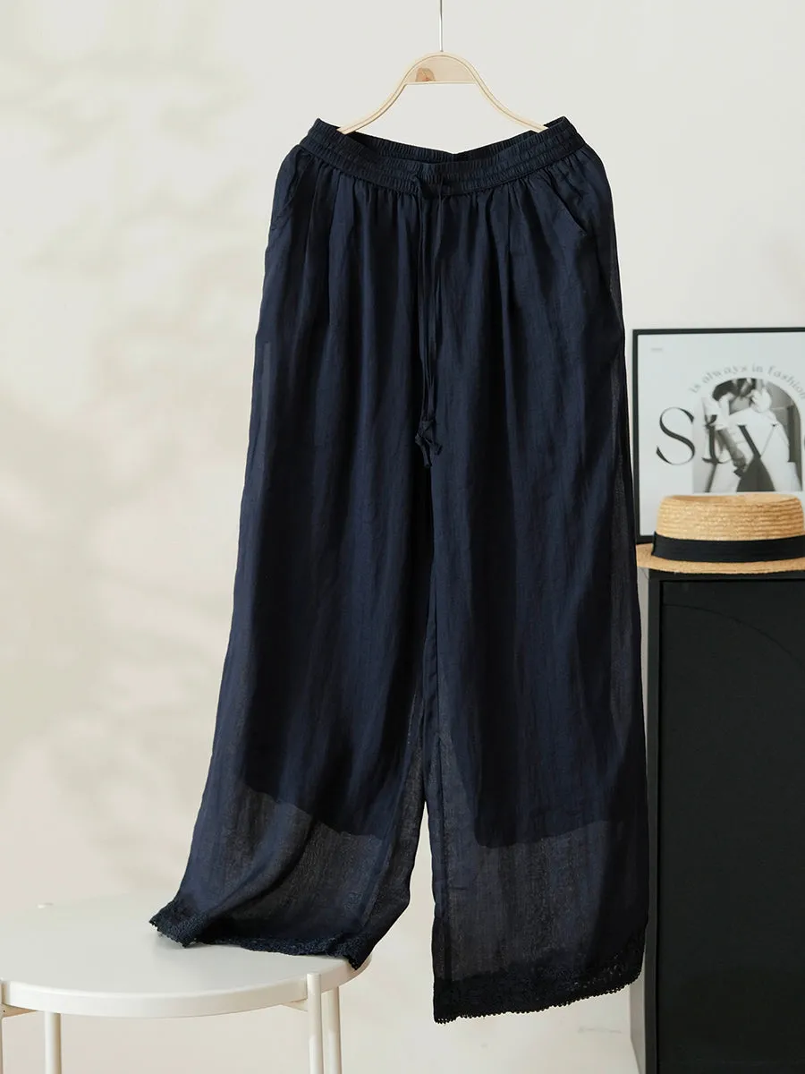 Women Summer Artsy Pure Color 100%Ramie Wide-leg Pants