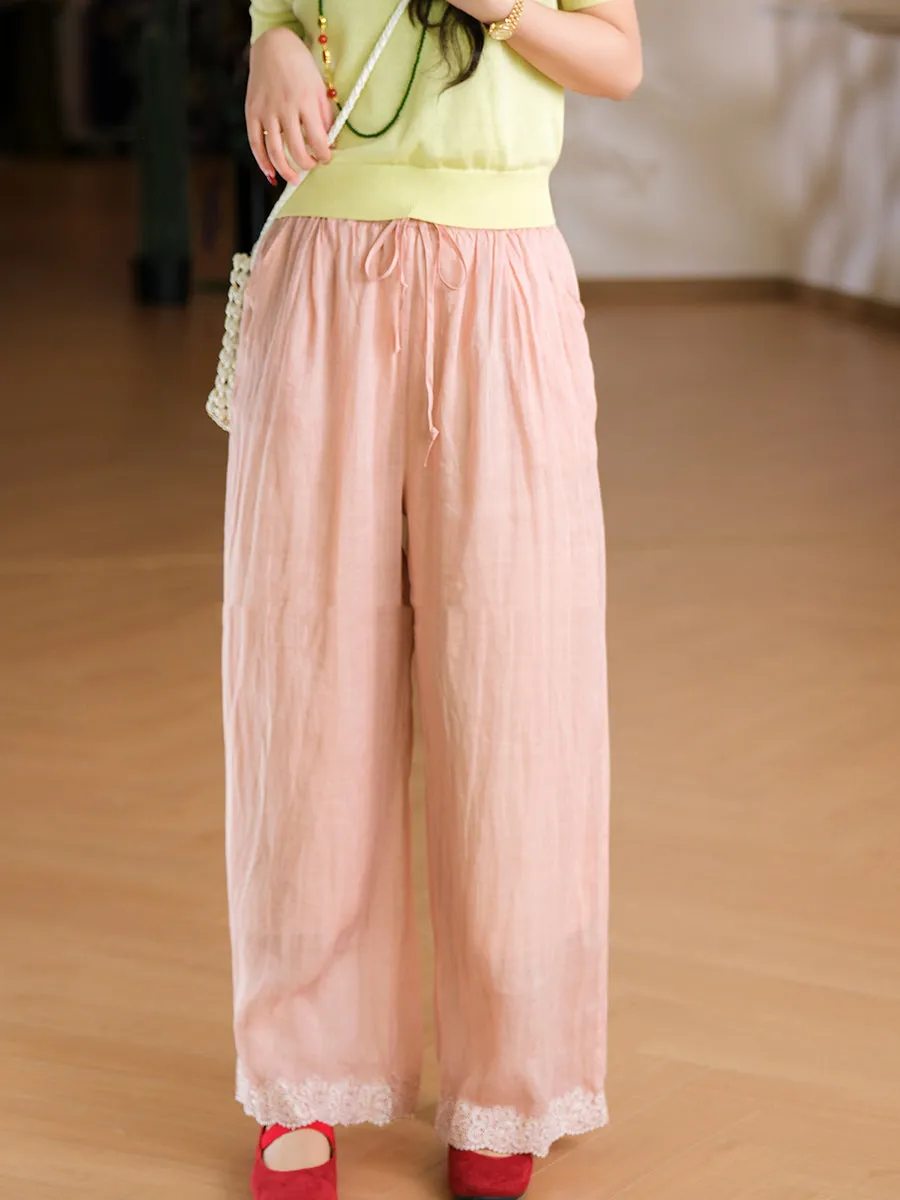 Women Summer Artsy Pure Color 100%Ramie Wide-leg Pants