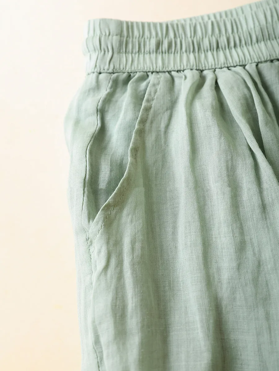 Women Summer Artsy Pure Color 100%Ramie Wide-leg Pants