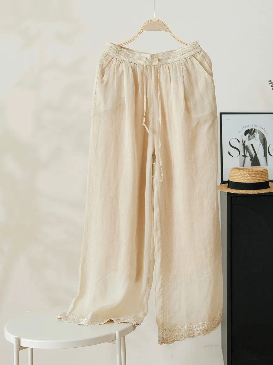 Women Summer Artsy Pure Color 100%Ramie Wide-leg Pants