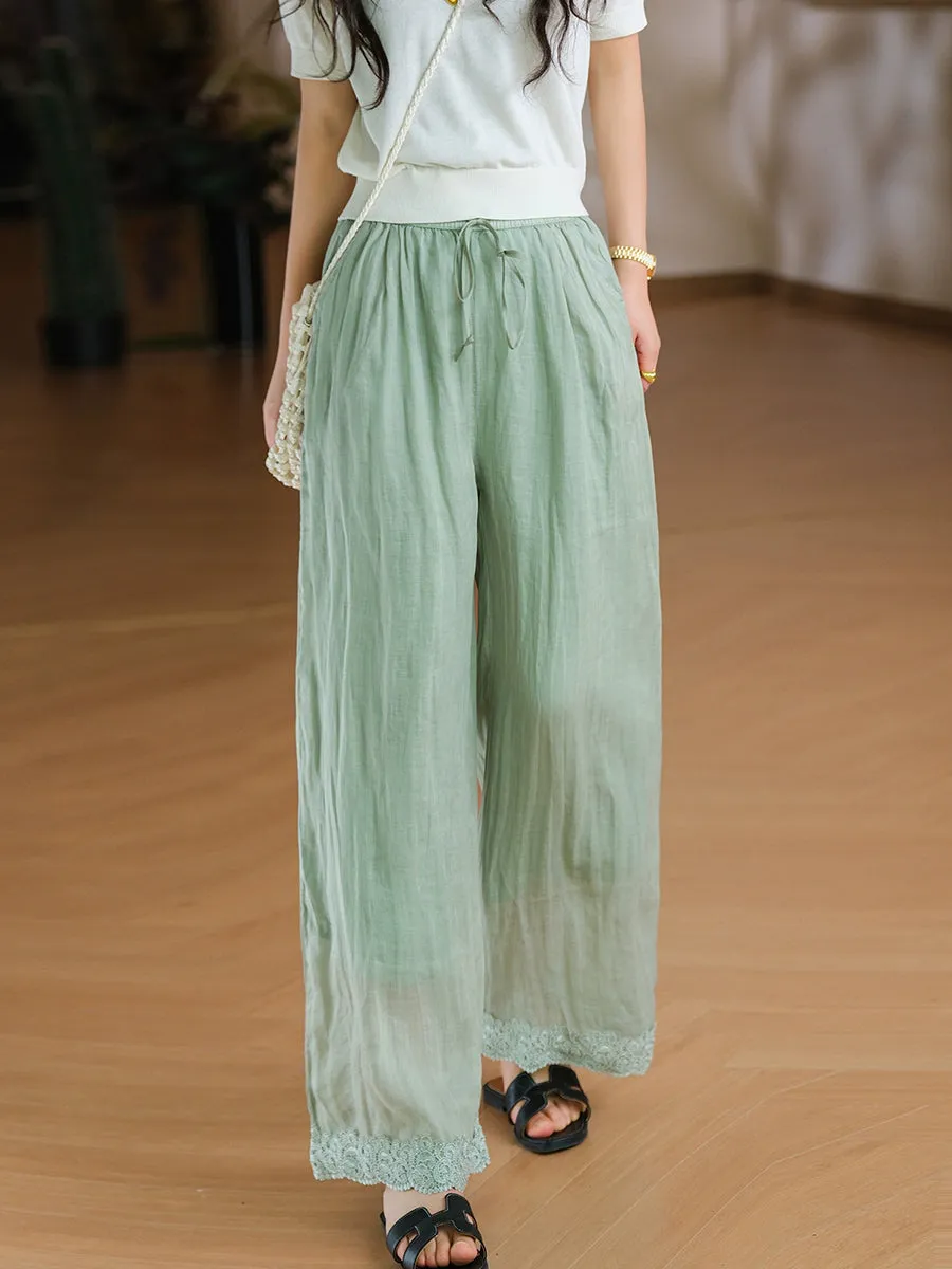 Women Summer Artsy Pure Color 100%Ramie Wide-leg Pants