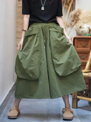 Women Summer Cotton Large Pocket Wide-leg Pants
