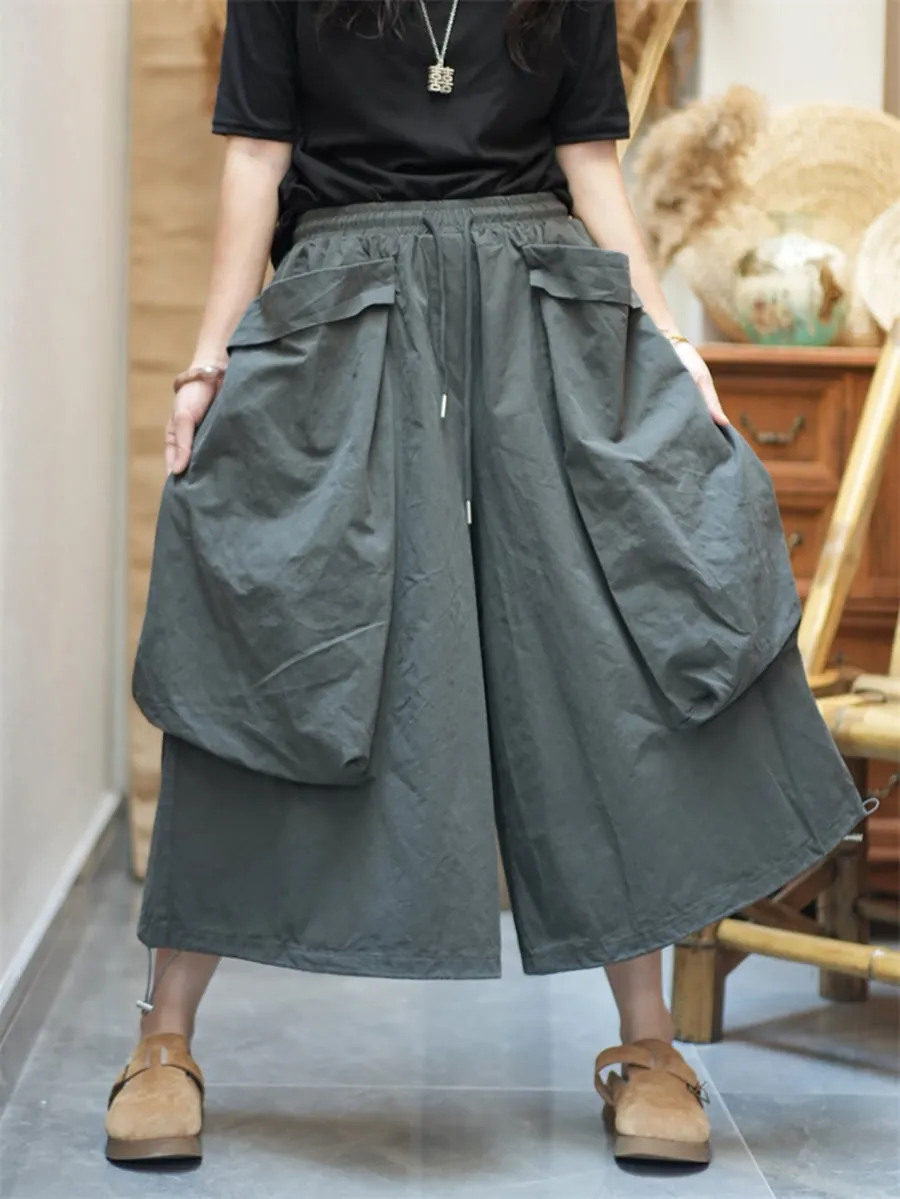 Women Summer Cotton Large Pocket Wide-leg Pants