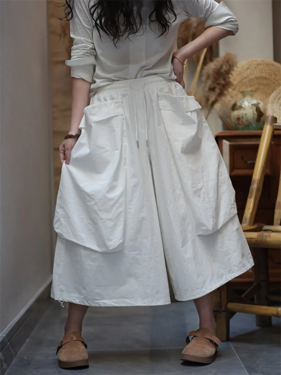 Women Summer Cotton Large Pocket Wide-leg Pants