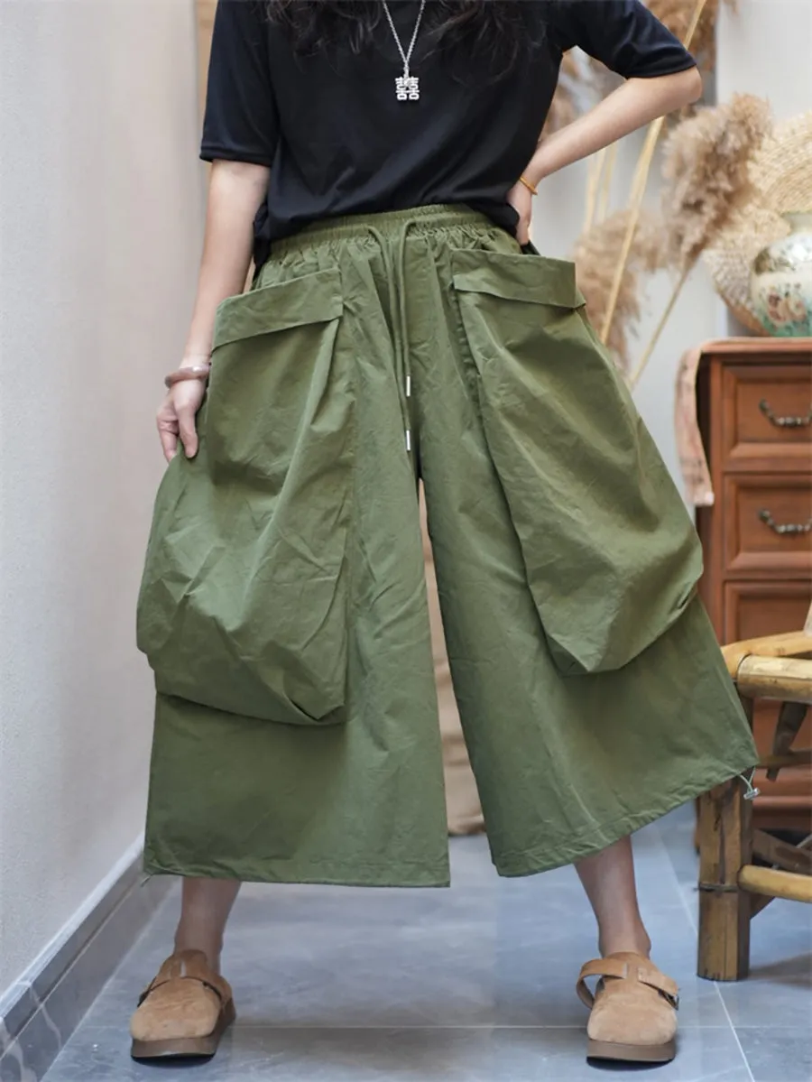 Women Summer Cotton Large Pocket Wide-leg Pants