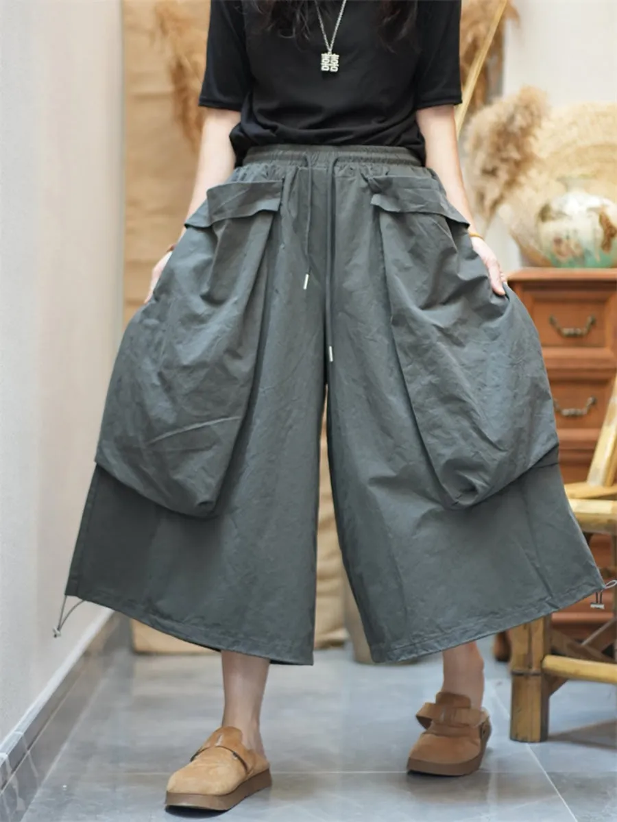 Women Summer Cotton Large Pocket Wide-leg Pants