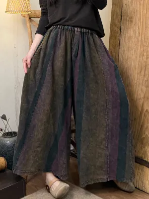 Women Summer Retro Colorful Stripe Wide-leg Cotton Pants