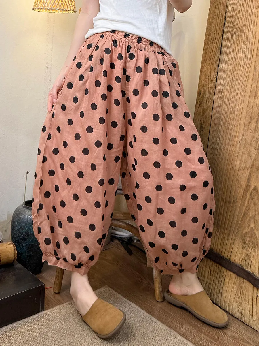 Women Summer Retro Dot Ramie Harem Pants