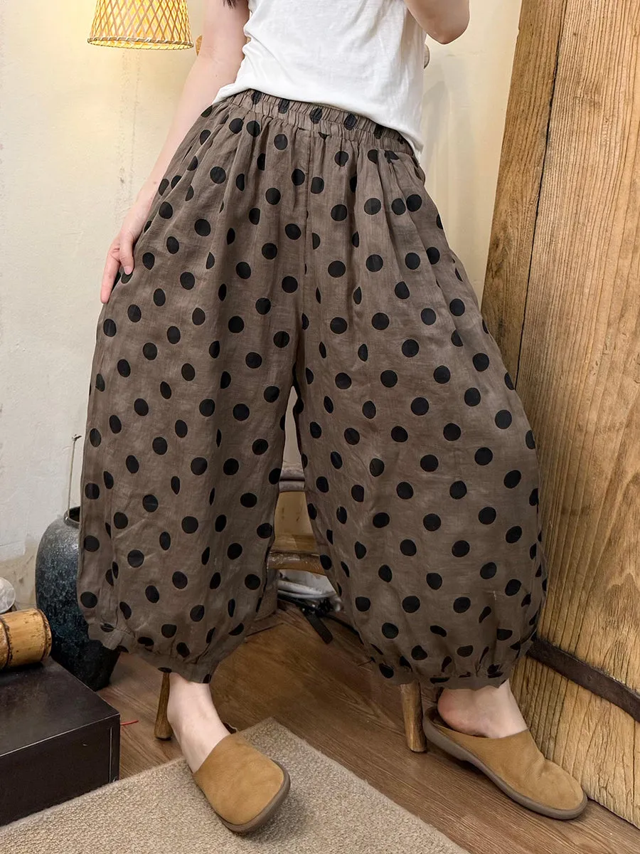 Women Summer Retro Dot Ramie Harem Pants