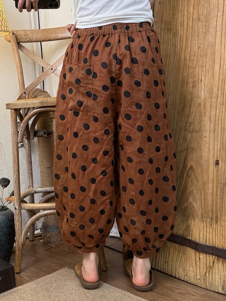 Women Summer Retro Dot Ramie Harem Pants