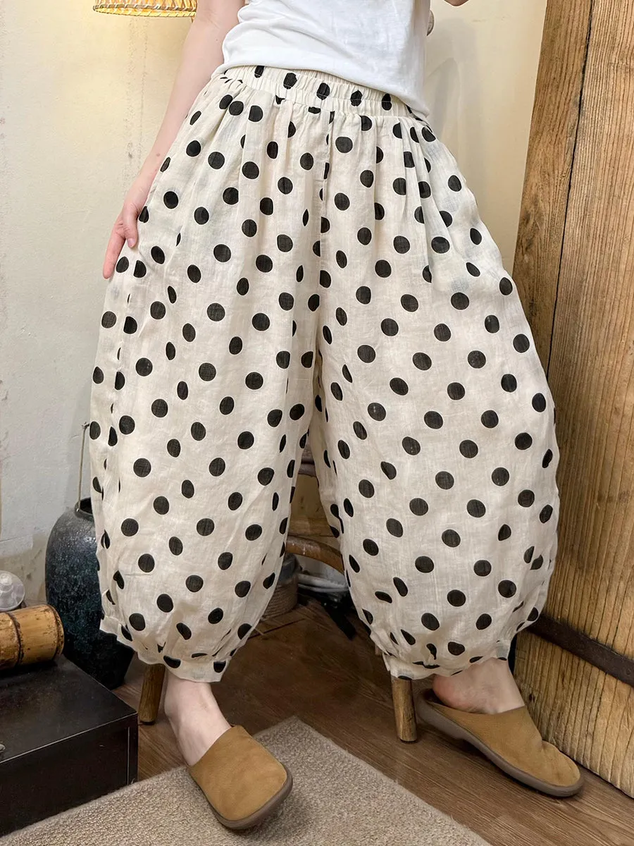 Women Summer Retro Dot Ramie Harem Pants