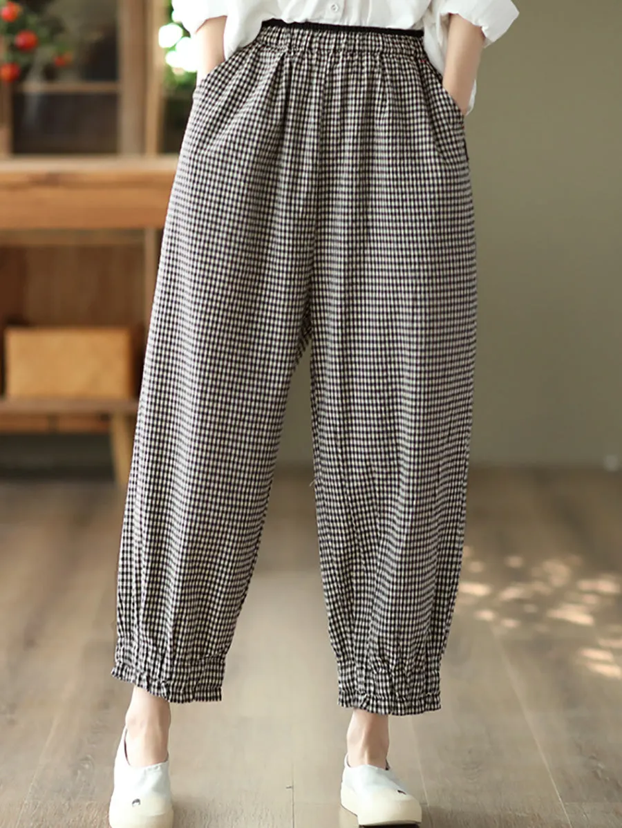 Women Summer Retro Plaid 100%Linen Harem Pants