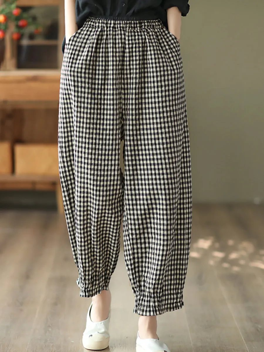 Women Summer Retro Plaid 100%Linen Harem Pants