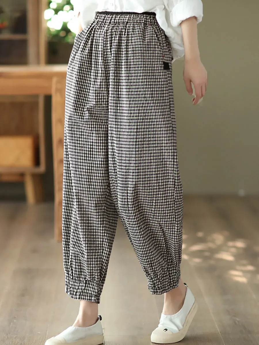 Women Summer Retro Plaid 100%Linen Harem Pants