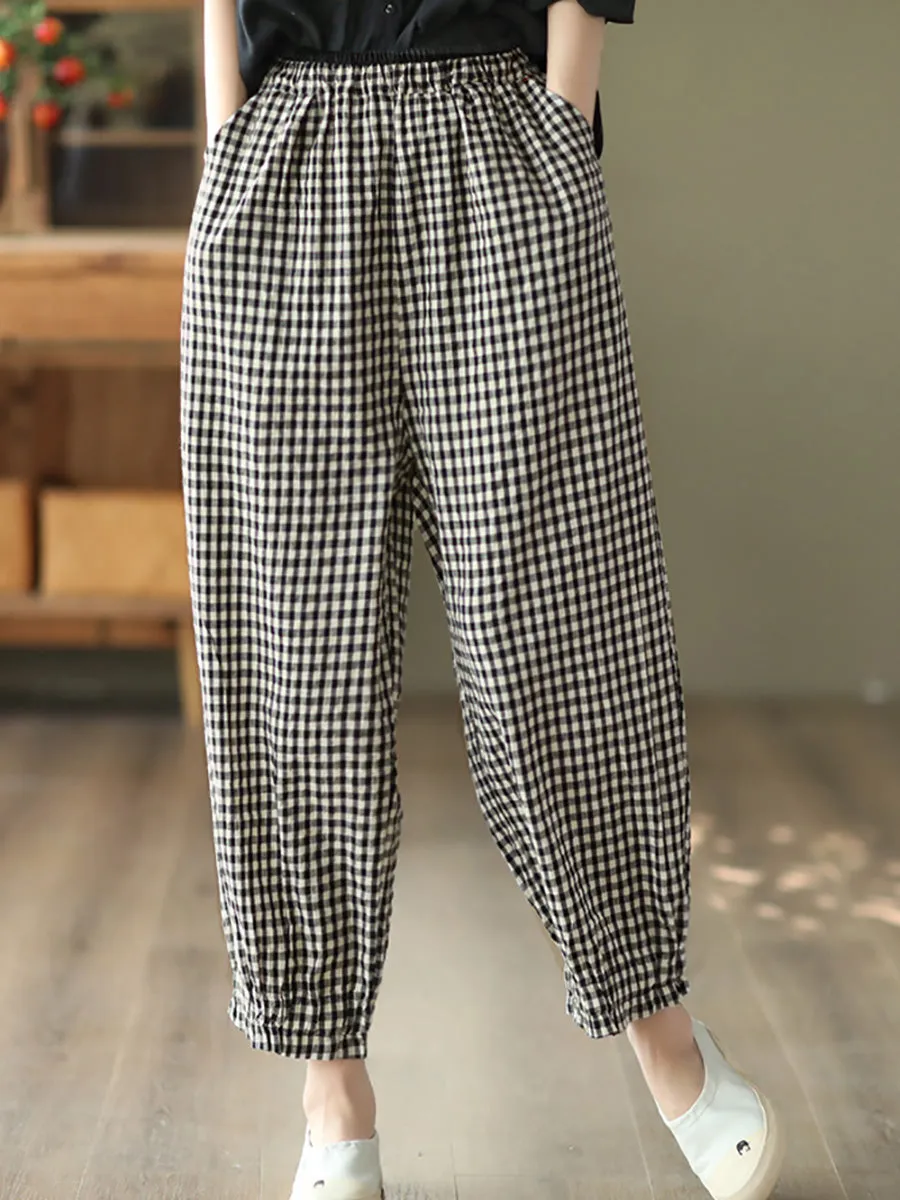 Women Summer Retro Plaid 100%Linen Harem Pants